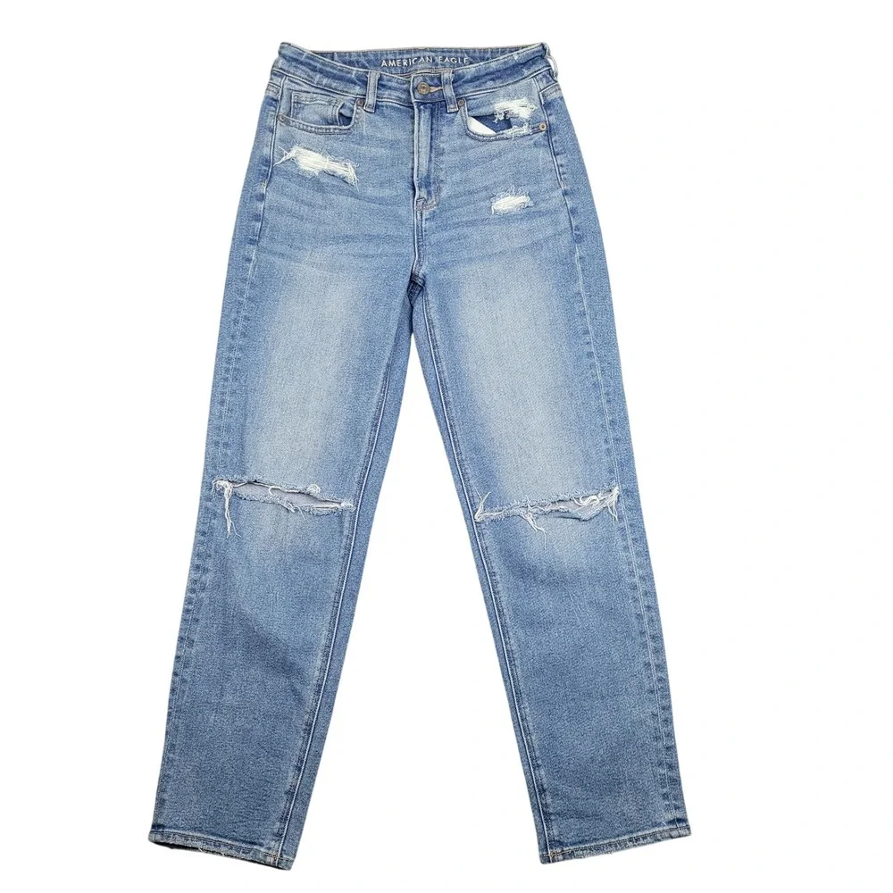 American Eagle Mom Straight Jeans Womens Sz 4 High Rise Distressed Denim Blue